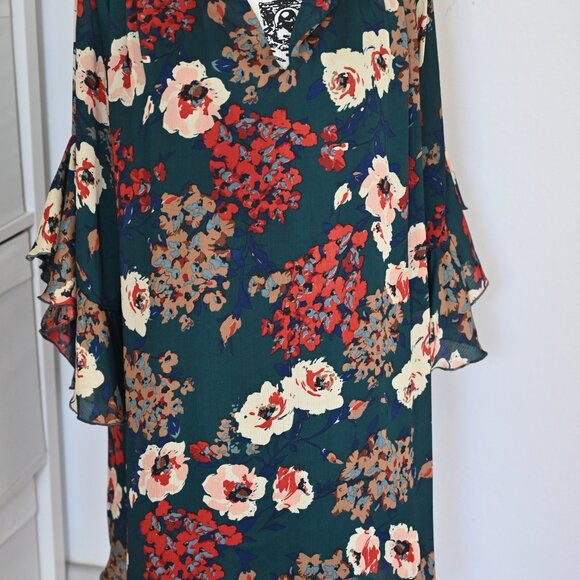 Umgee Women's Mini Dress Tunic Floral Large Open 3/4 Slv Hippie Boho Green - Picture 2 of 7